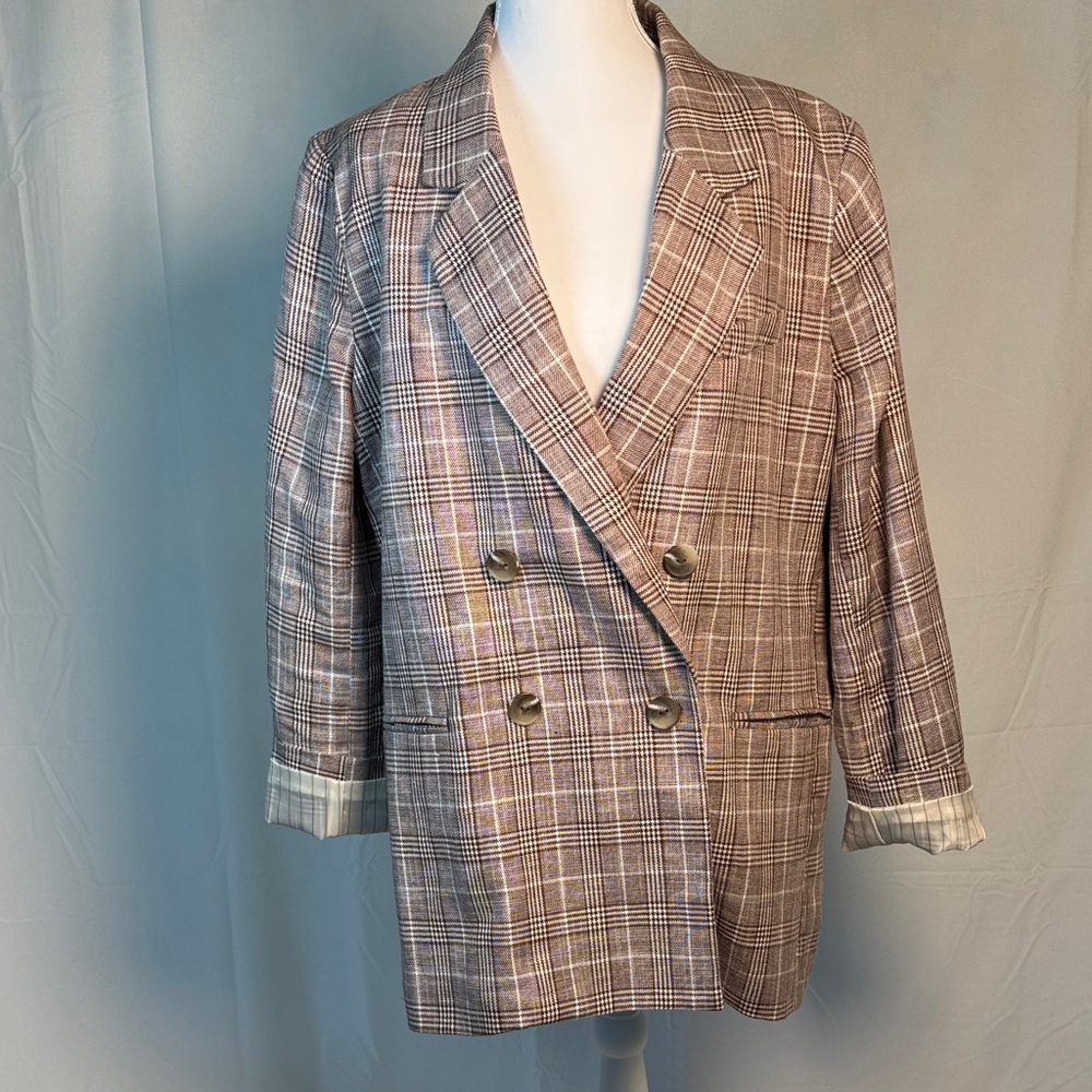 Anthropologie Beige Checkered Double-Breasted Blazer